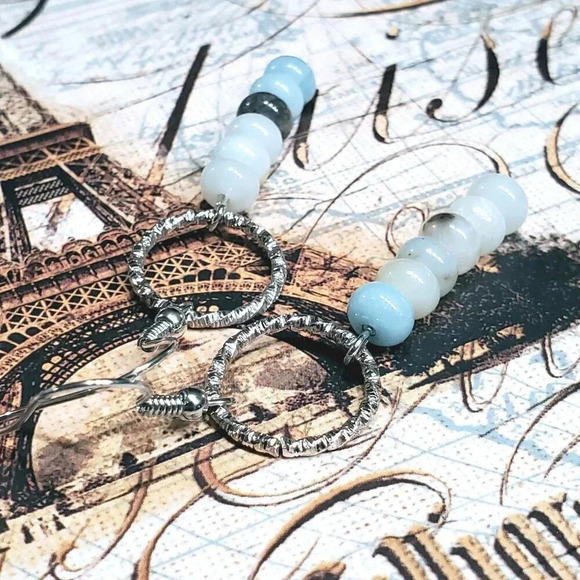 Amazonite Gemstone Rondelle Beads Textured Silver Ring Handcrafted Earrings - Picture 4 of 11